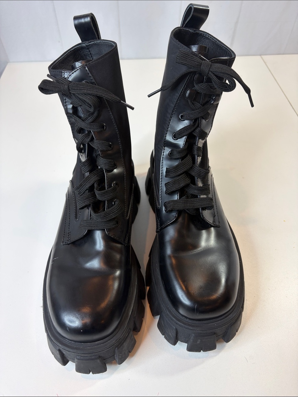 Prada Black Leather & Nylon Lug Sole Platform Combat Boots EU 38 Made in Italy